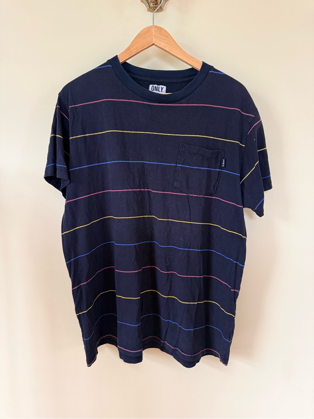 Only NY Cotton Black Pocket T-Shirt with Stripes Men’s XL